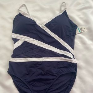 Anne Cole Women's Mesh Spliced Over The Shoulder Size 16 Blue/white